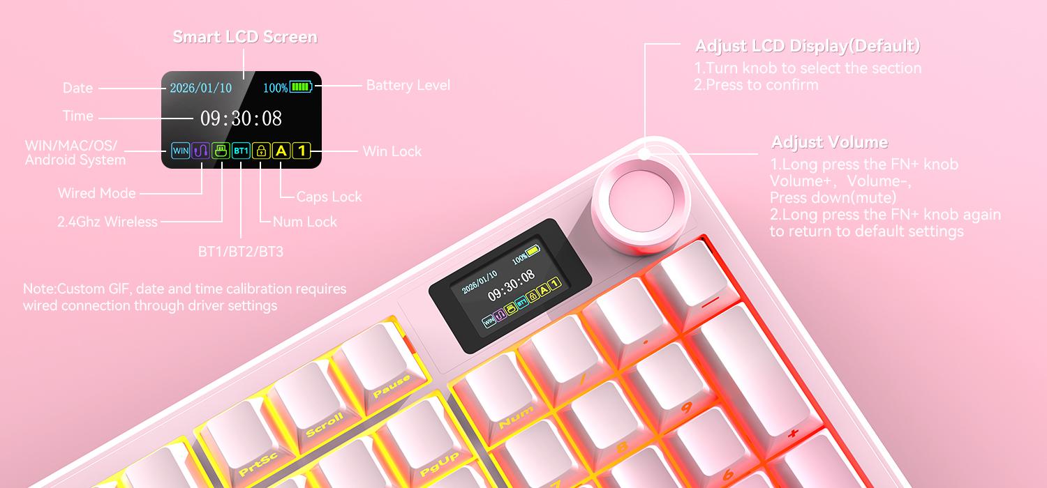 AULA F108 PRO，Full Size Wireless Gasket-mounted Gaming Keyboard with Screen and Knob Smart Screen NumPad Tri-Mode RGB Backlit Hot SwappableCustomize Keyboard E-Sports Office ComputerAccessories