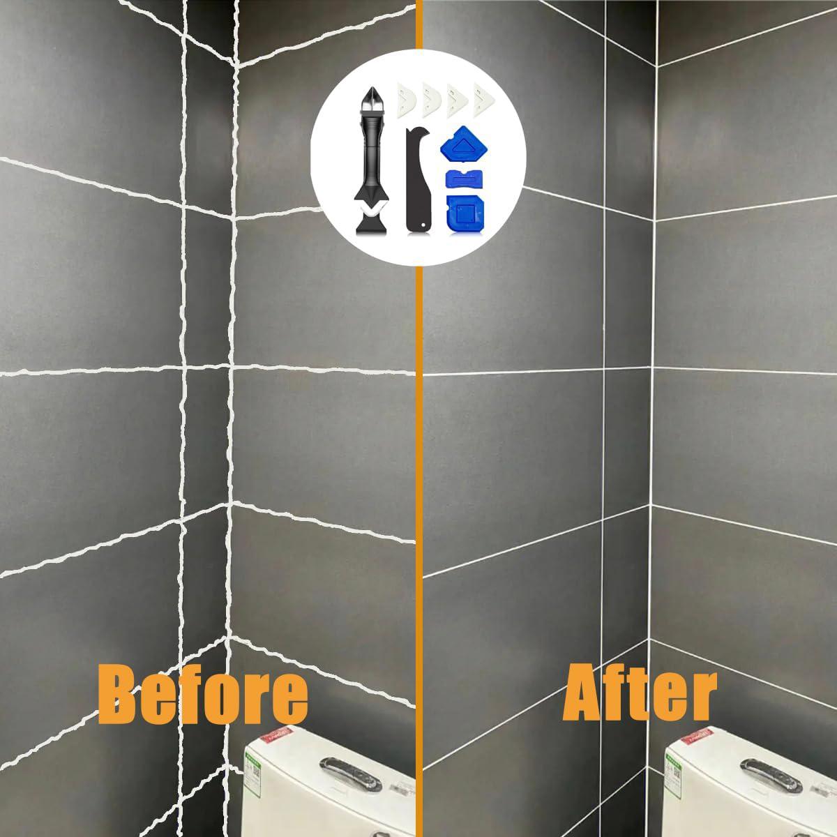 3 in 1 Silicone Caulking Tools（Stainless Steelhead）, Sealant Finishing Tool Grout Scraper, Reuse and Replace 5 Silicone Pads, Great Tools for Kitchen Bathroom Window, Sink Joint