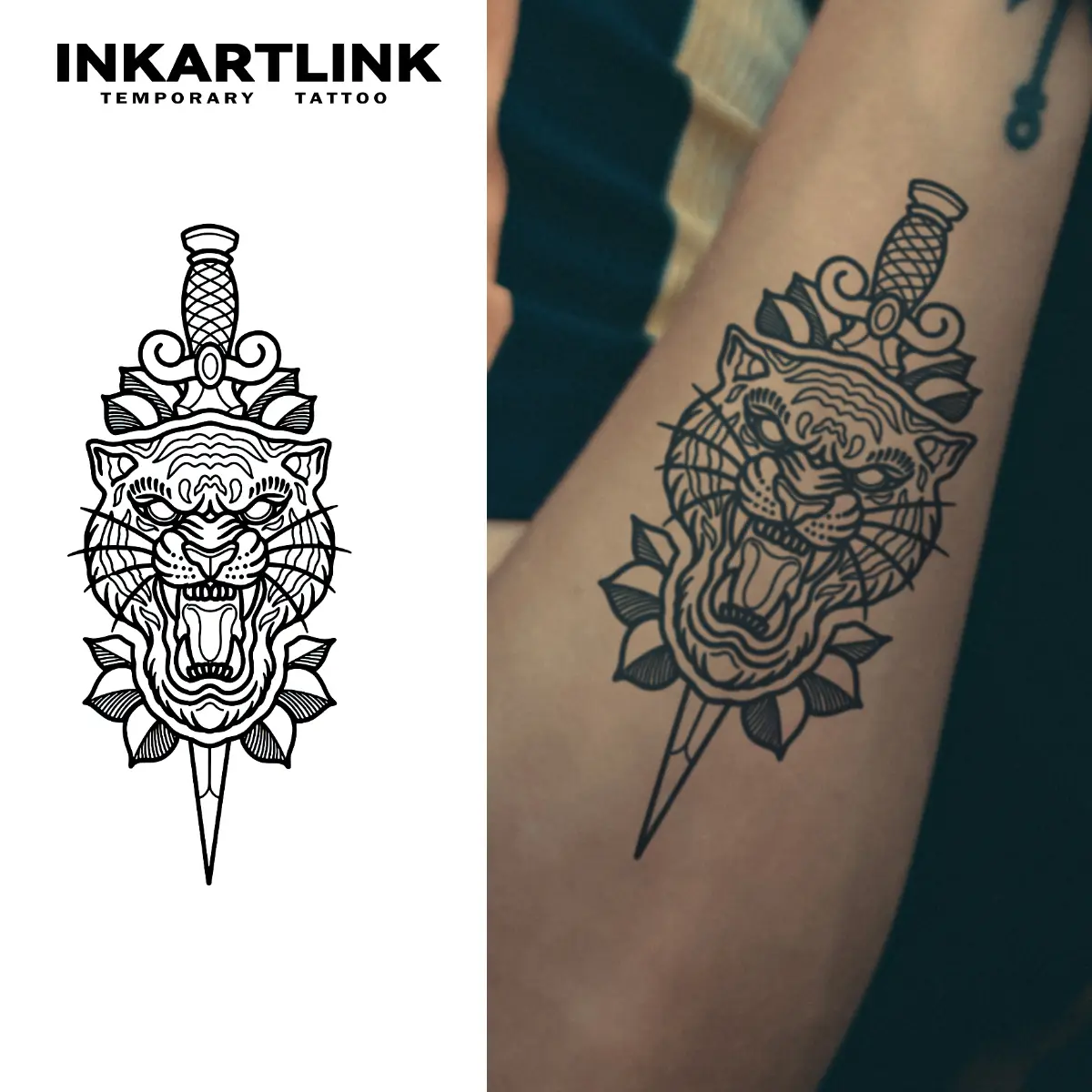 INKARTLINK Old School Temporary Tattoos - Single Item, 2 Waterproof Sheets for Adults with Funky Dagger & Tiger Head Designs, Skin-Type Friendly, All Skin, Dagger Shape, Sheet Tattoo, Tattoos Stickers, Temporary Fake Tattoo