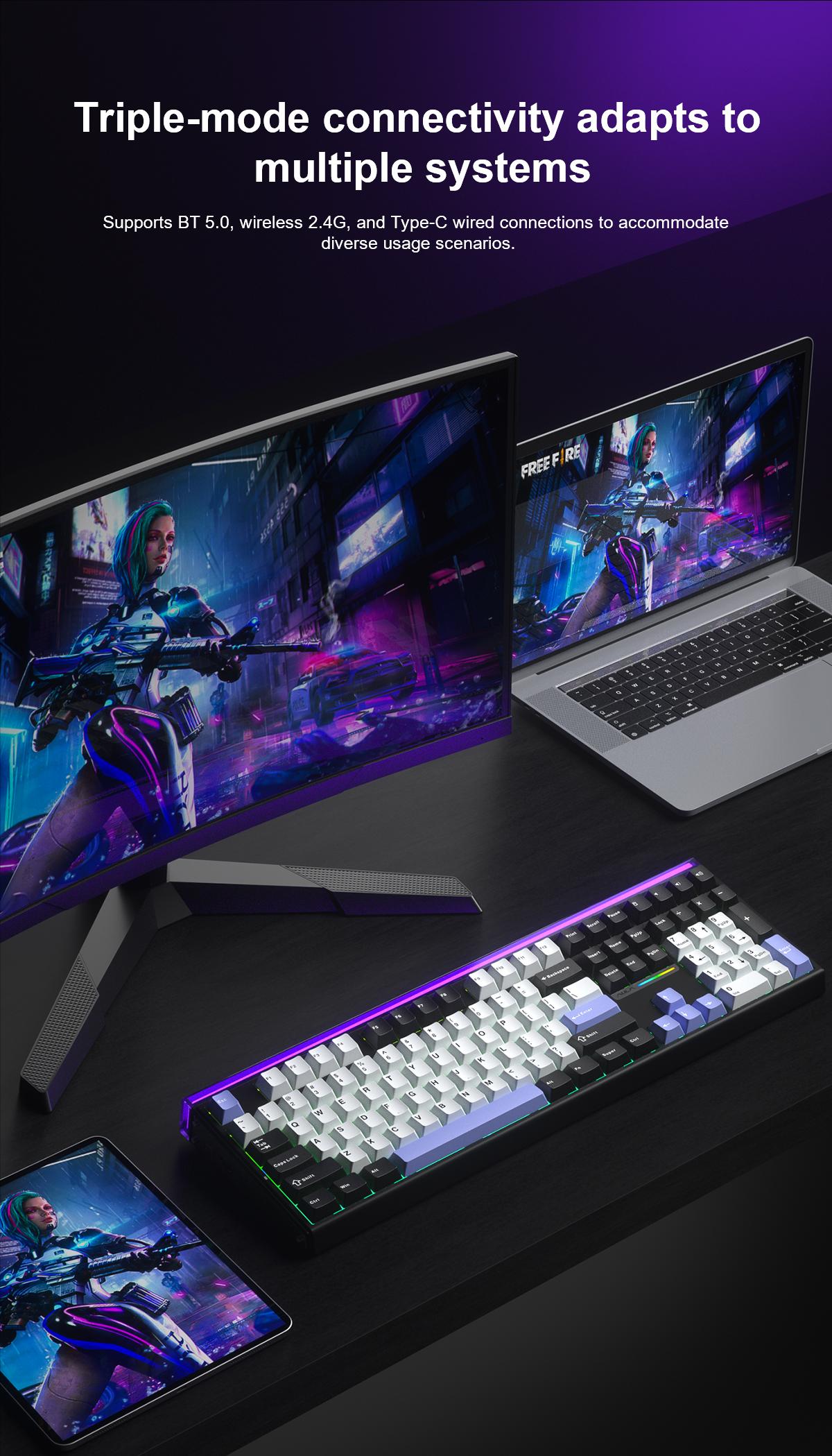 AULA H108 Full-Size Silent Mechanical Keyboard Tri-Mode Bluetooth 2.4G Wireless Silent Feather Switches RGB Backlight Black White Purple Computer Office Keyboards