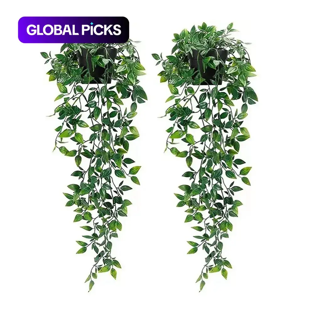 Artificial Hanging Vine Plants in Pots, 2-Count Faux Plants with Black Pots for Home & Office Decor, Decoration, Decorative Greenery for Indoor & Outdoor Garden Shelves #GLOBAL PICKS