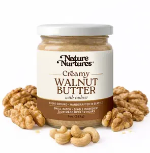 Creamy Walnut Butter with Cashew · 70% Walnuts 30% Cashews · No Fillers · Raw · Stone Ground for 12 Hours · Small Batch · Handcrafted in USA · High Protein · 100% Pure & Natural · No Added Sugar · No Palm Oil · Packed in Glass Jar · 9 oz (255 g)