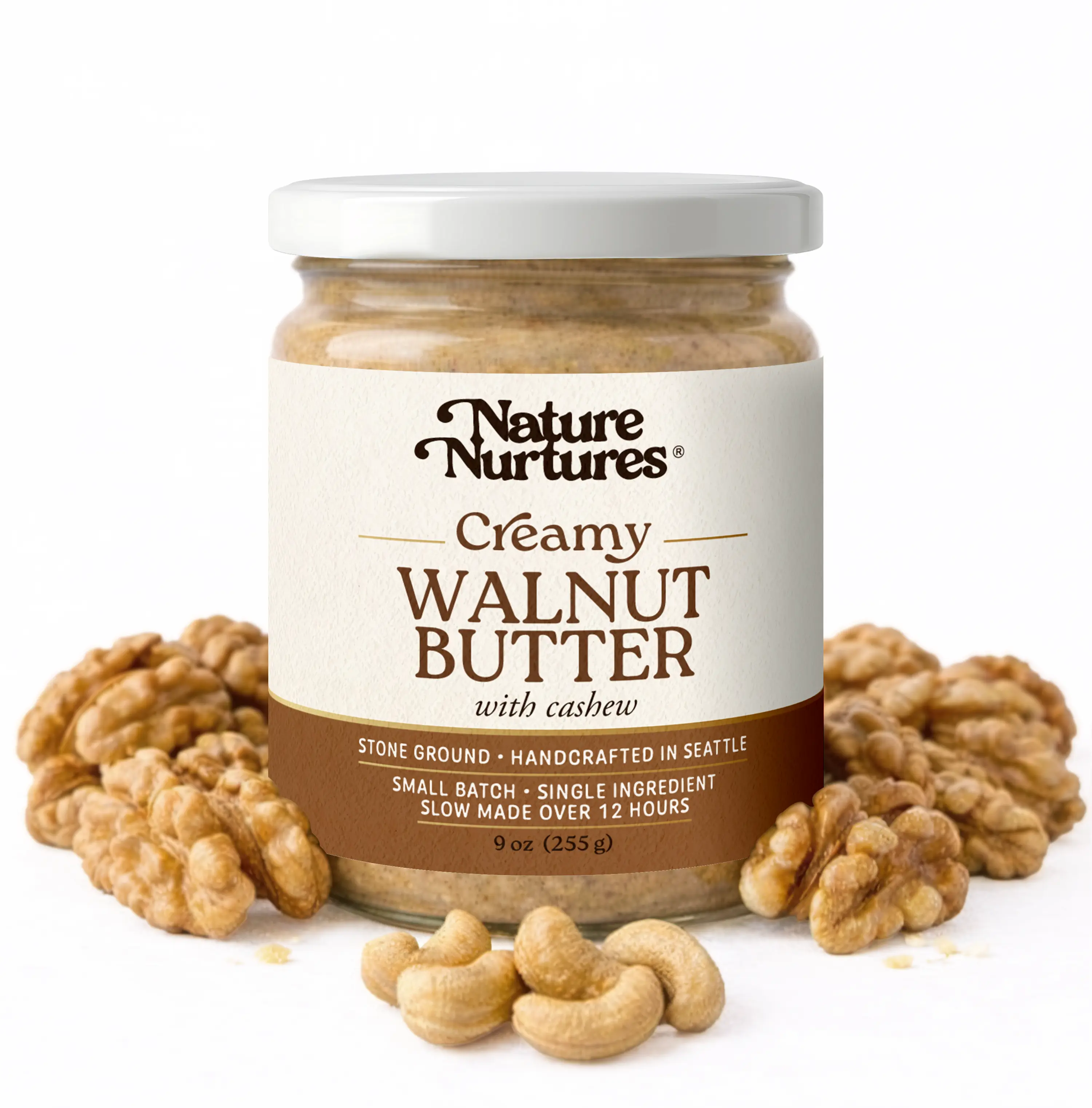 Creamy Walnut Butter with Cashew · 70% Walnuts 30% Cashews · No Fillers · Raw · Stone Ground for 12 Hours · Small Batch · Handcrafted in USA · High Protein · 100% Pure & Natural · No Added Sugar · No Palm Oil · Packed in Glass Jar · 9 oz (255 g)