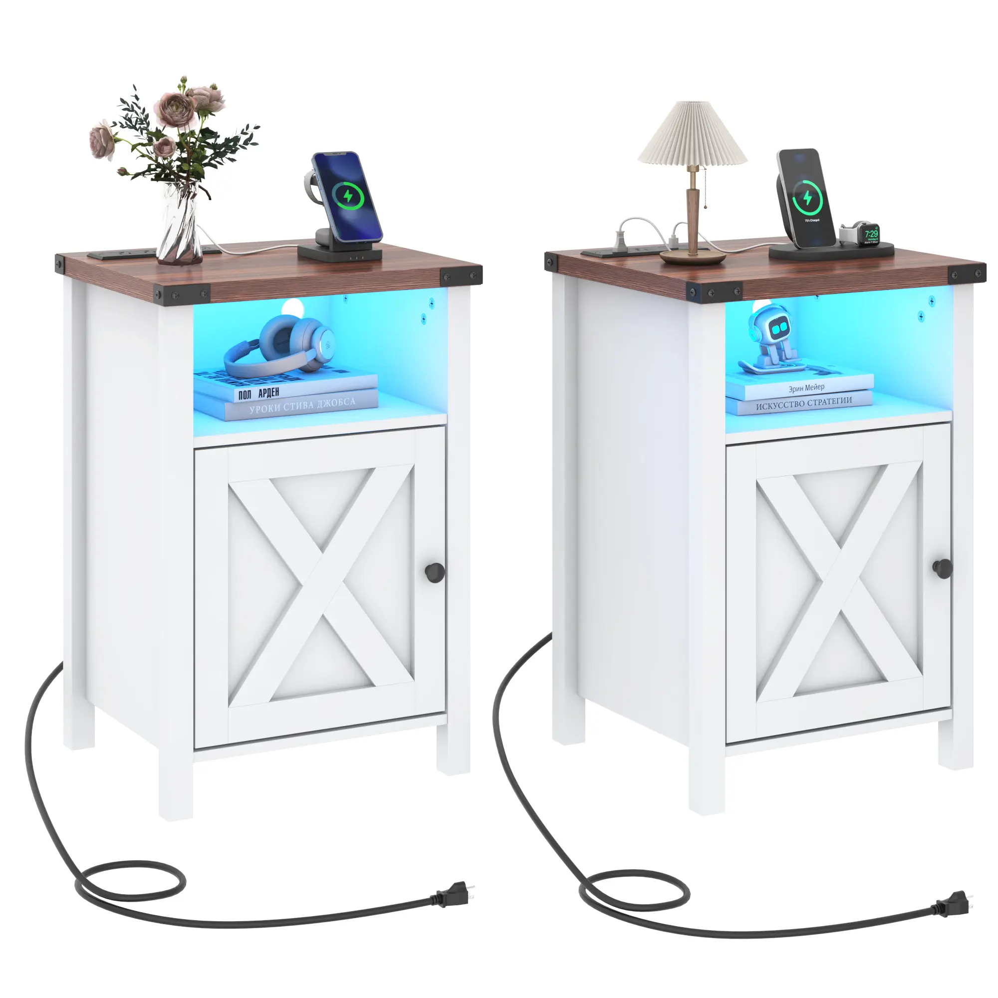 Farmhouse LED Nightstand Set of 2 with Charging Station, Rustic End Table with Barn Door & Storage Shelf, Bedside Table for Bedroom, Living Room, Grey/White/