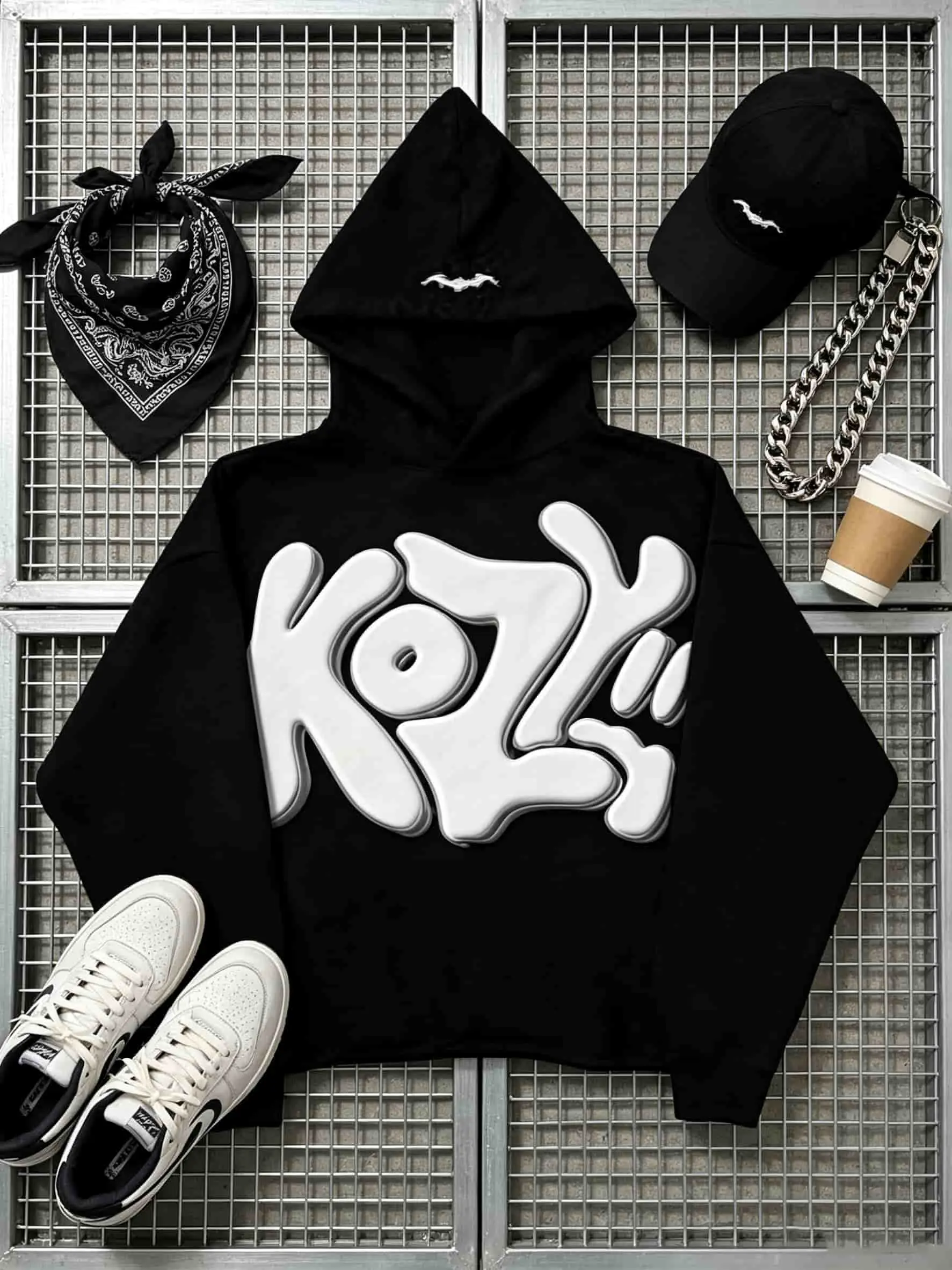 Y2K KOZY Graffiti Hoodie, Men Women Oversized Streetwear Sweatshirt, Gothic Bubble Letter Print Pullover with Bat Detail, Casual Harajuku Style