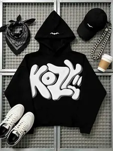 Y2K KOZY Graffiti Hoodie, Men Women Oversized Streetwear Sweatshirt, Gothic Bubble Letter Print Pullover with Bat Detail, Casual Harajuku Style
