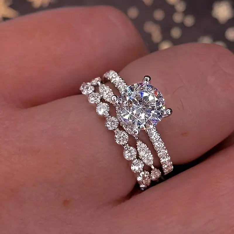 [Promise, Engagement, Wedding] A 3pcs Set of Classic And Stylish Luxurious Rings Featuring Round And Marquise-Shaped Tiny Synthetic Synthetic Zircon, Adorned with Four-Prong Round Synthetic Synthetic Zircon