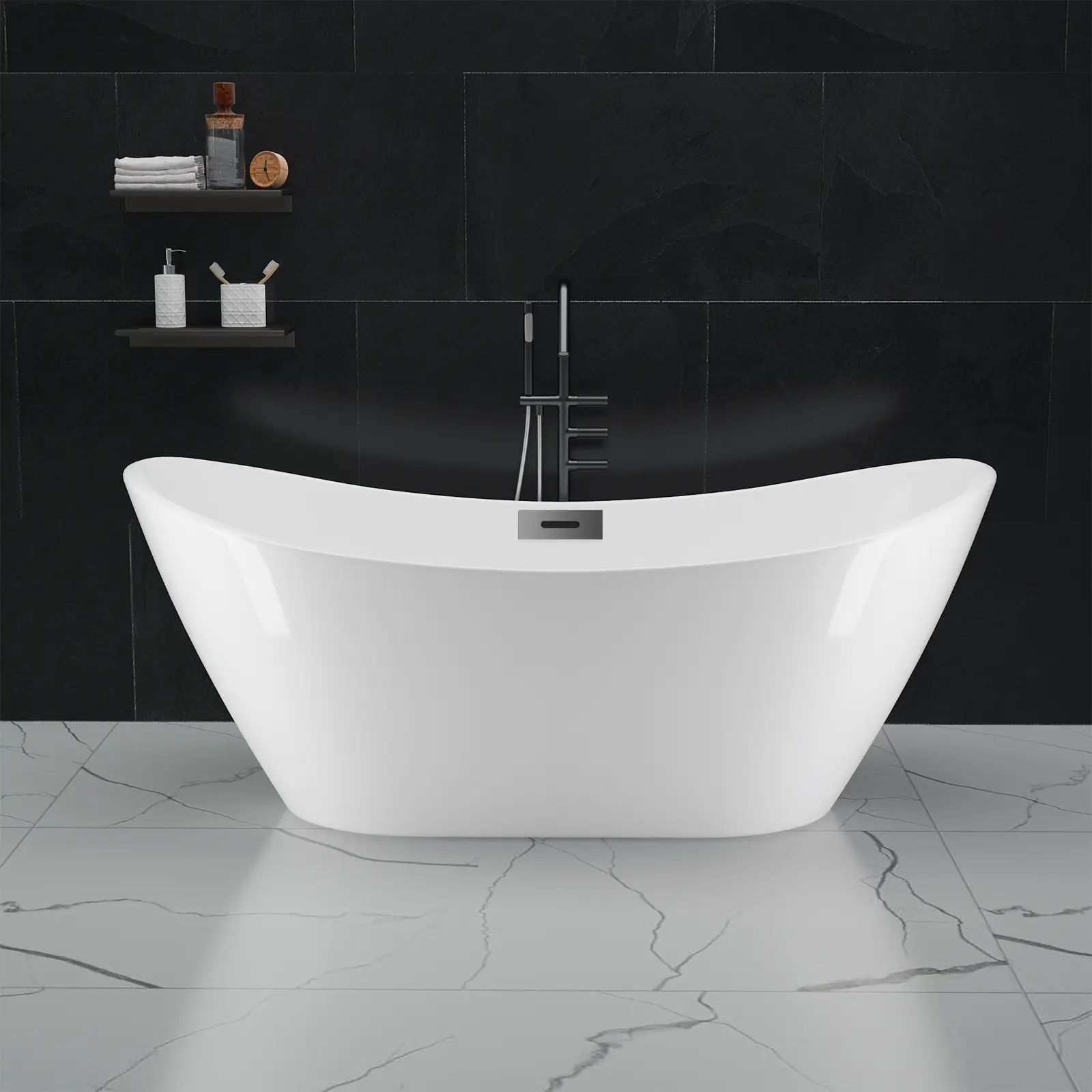 67-Inch Modern Acrylic Freestanding Bathtub - Deep Soaking Tub with Matte Silver Overflow, Stress Relief, Safe Water Levels, Slip-Safe Floor, Scratch-Proof for Post-Workout Recovery in Contemporary Bathrooms