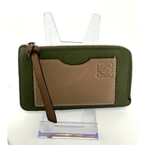 Pre-owned Loewe Calfskin Leather Card Wallet Zipped Card Holder in Green and Taupe