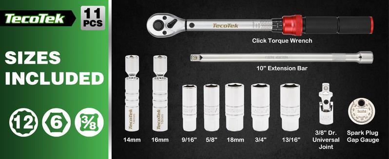 11Pcs 3/8" Drive Spark Plug Socket Set with Click Torque Wrench, Spark Plug Gapper, Universal Joint, Extension Bar, 9/16", 5/8", 3/4", 13/16", 14, 16 and 18mm, CR-V Sockets with Rubber Rings