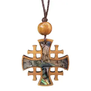 Olive Wood & Mother-of-Pearl Jerusalem Cross Necklace from the Holy Land