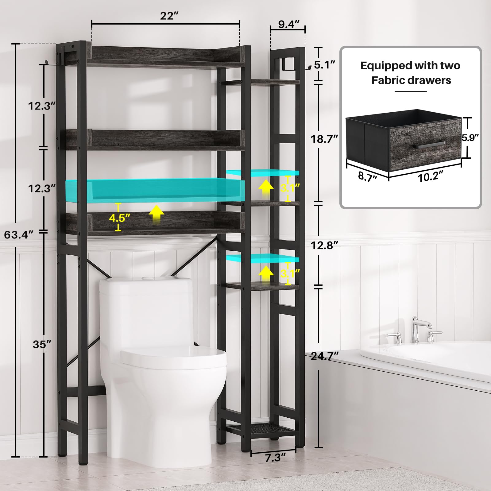 7-Tier Over The Toilet Storage Cabinet - Adjustable Shelves, Reversible Side Shelf, 2 Fabric Drawers, MDF Wood Metal Industrial Look Space Saver with Easy Setup for Small Spaces