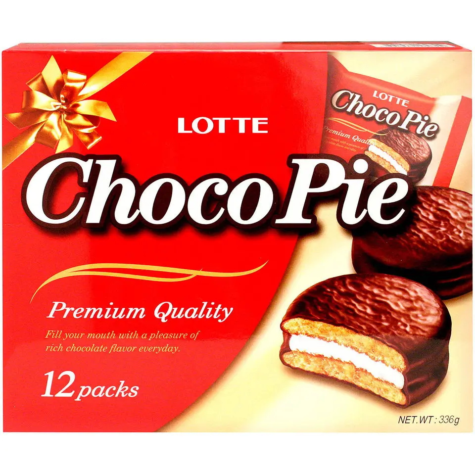 Lotte Choco Pie Snack Packs - 12 Individually Wrapped Sweet Cakes, Smooth Chocolate Coat, Wheat-Infused, Ambient Shelf-Stable Dessert Snacks