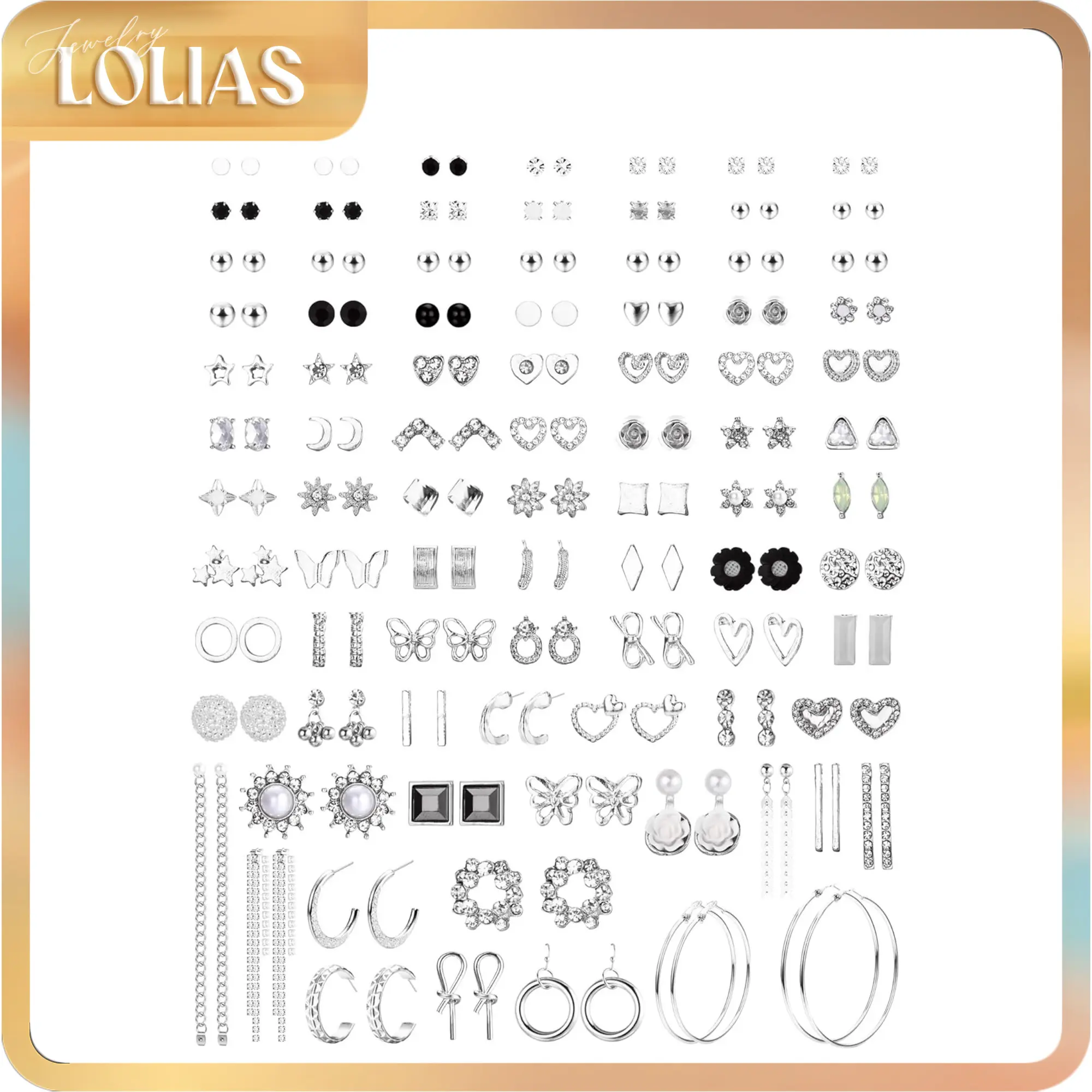 LOLIAS  90PCS Stud Earrings Set for Women-Dainty Earrings Pack for Sensitive Ears-Hypoallergenic Earrings Stack Silver Flower Butterfly CZ Hoop Dangle Earrings Jewelry