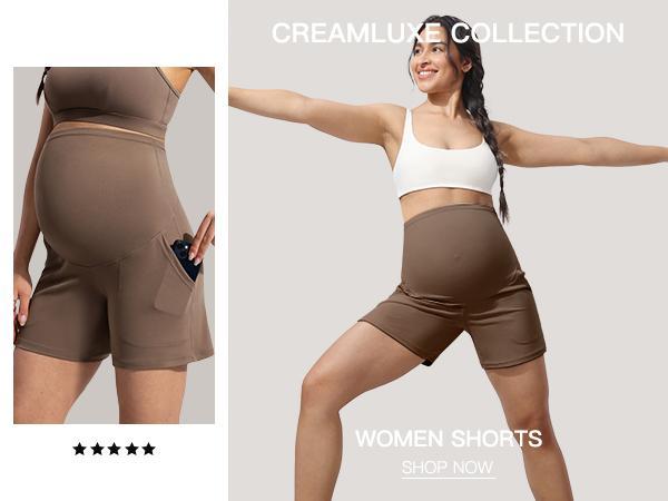 POSHDIVAH Women's Creamluxe Maternity Yoga Shorts with Pockets Pregnancy Workout Running Pants Clothes 6"/9"/12"