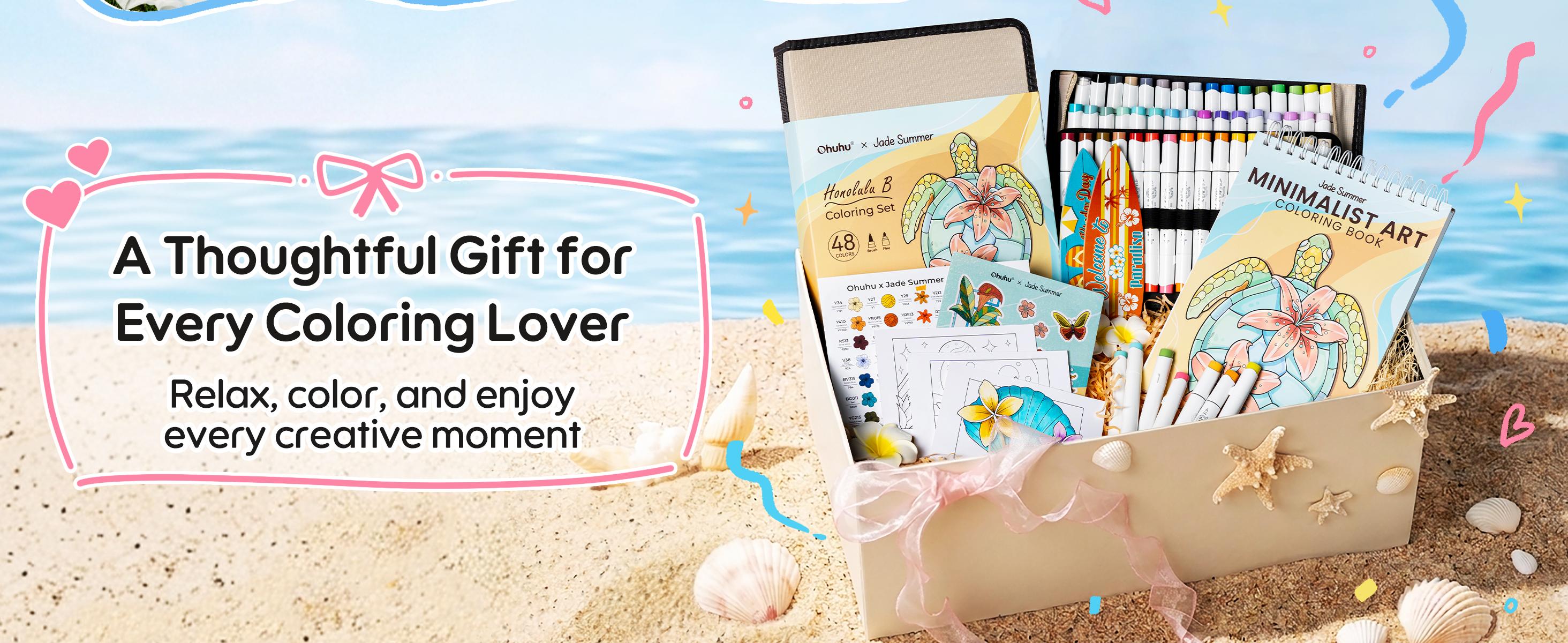 Ohuhu x Jade Summer Coloring Set: Brush & Fine Dual Tips - 47-Color - 47 Alcohol Markers & Coloring Book | Co-branded Coloring Kit,  Alcohol Markers Coloring Set for Stress Relief - Honolulu B Series of Ohuhu