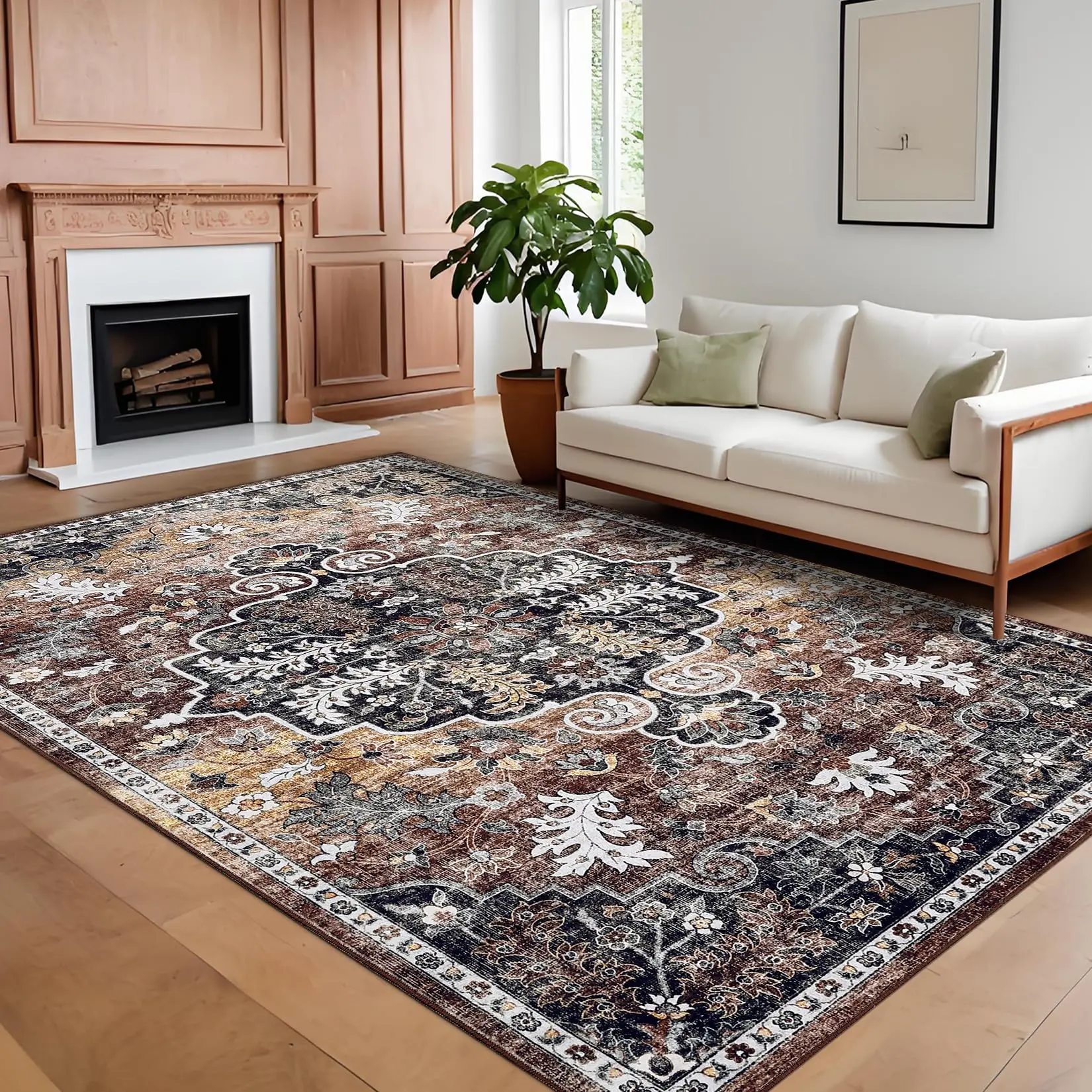 GARVEE Oriental Washable Rugs 8x10 Non-Slip Soft Bedroom Rug, Low Pile Stain Resistant Floor Carpet for Living Room, Vintage Distressed Accent Rug, Medallion Floral Printed Rug, Brown+Red
