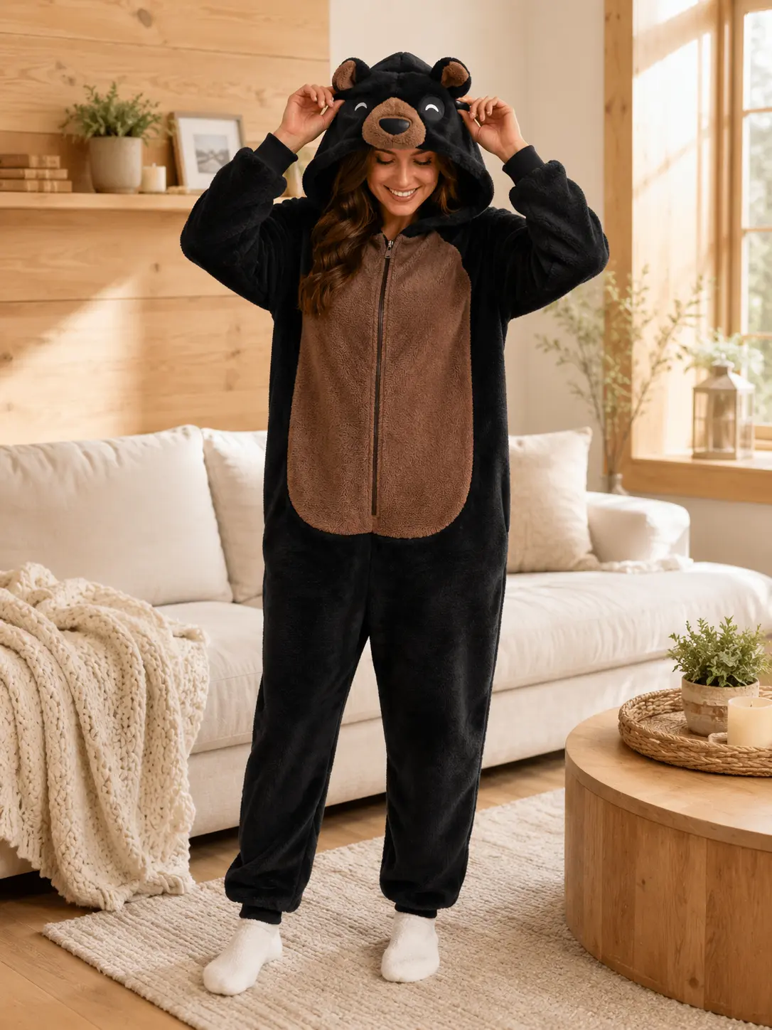 Adult Black Bear Soft Fleece Onesie, Hooded Long Sleeve 1-Piece Jumpsuit, Animal Cosplay Sleepwear, M, Cute Look, All Seasons, Cozy And Cute Onesies, Women, Pajamas, Cosplay Suit, Style, Casual, Character Play Onesies