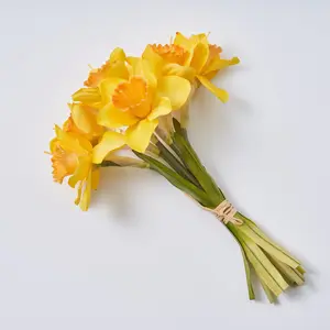 Yellow Silk Daffodil Faux Floral Bouquet Bundle of 6 Wired Stems - 12"