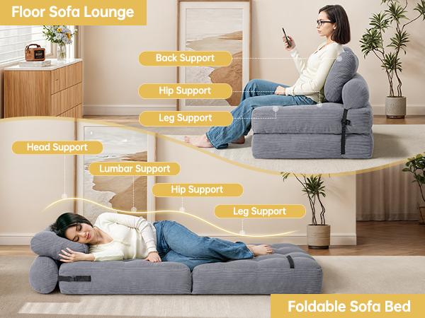 【Valentine’s Day Gift】Sofa Bed Convertible 3 in 1 Folding Couch with Headrest Lumbar Pillow & Comfortable Shredded Foam Filling for Living Room Bedroom Single Size