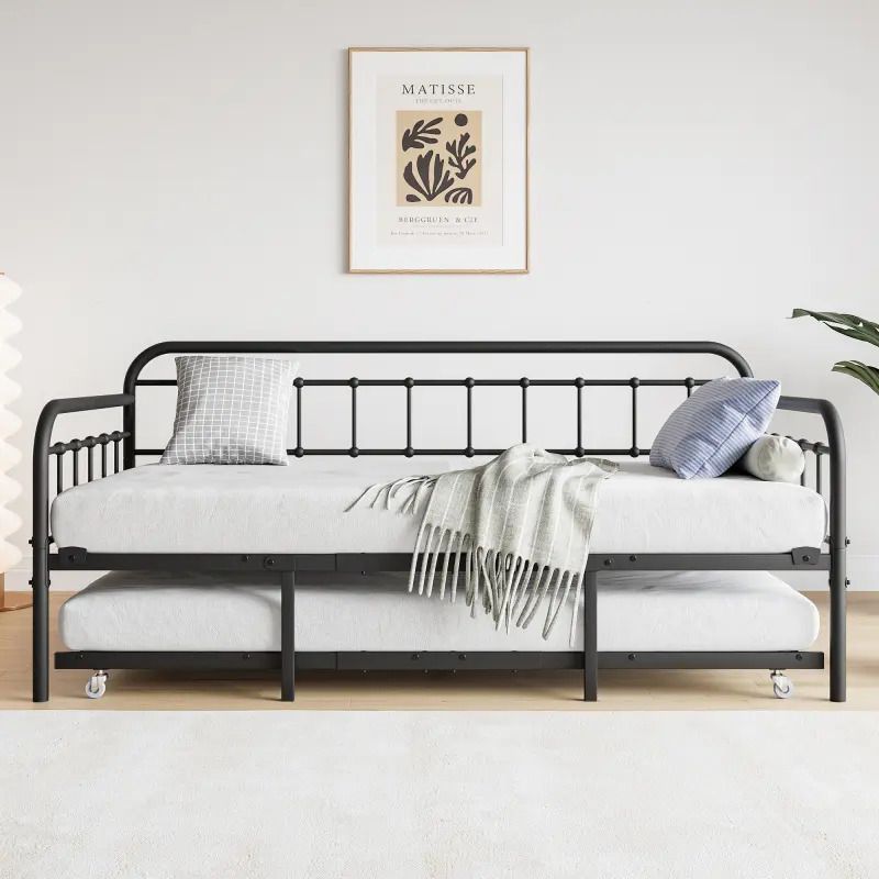 Twin Size Metal Daybed Frame with Trundle, Bunk Bed Compatible, Heavy-Duty Steel Slat Support Sofa Bed Platform with Headboard, No Box Spring Needed, Black Reading Nook Furniture, 74.2"l x 37.8"w x 4"h / 77.32"x 39.96"x 35.43", Strong