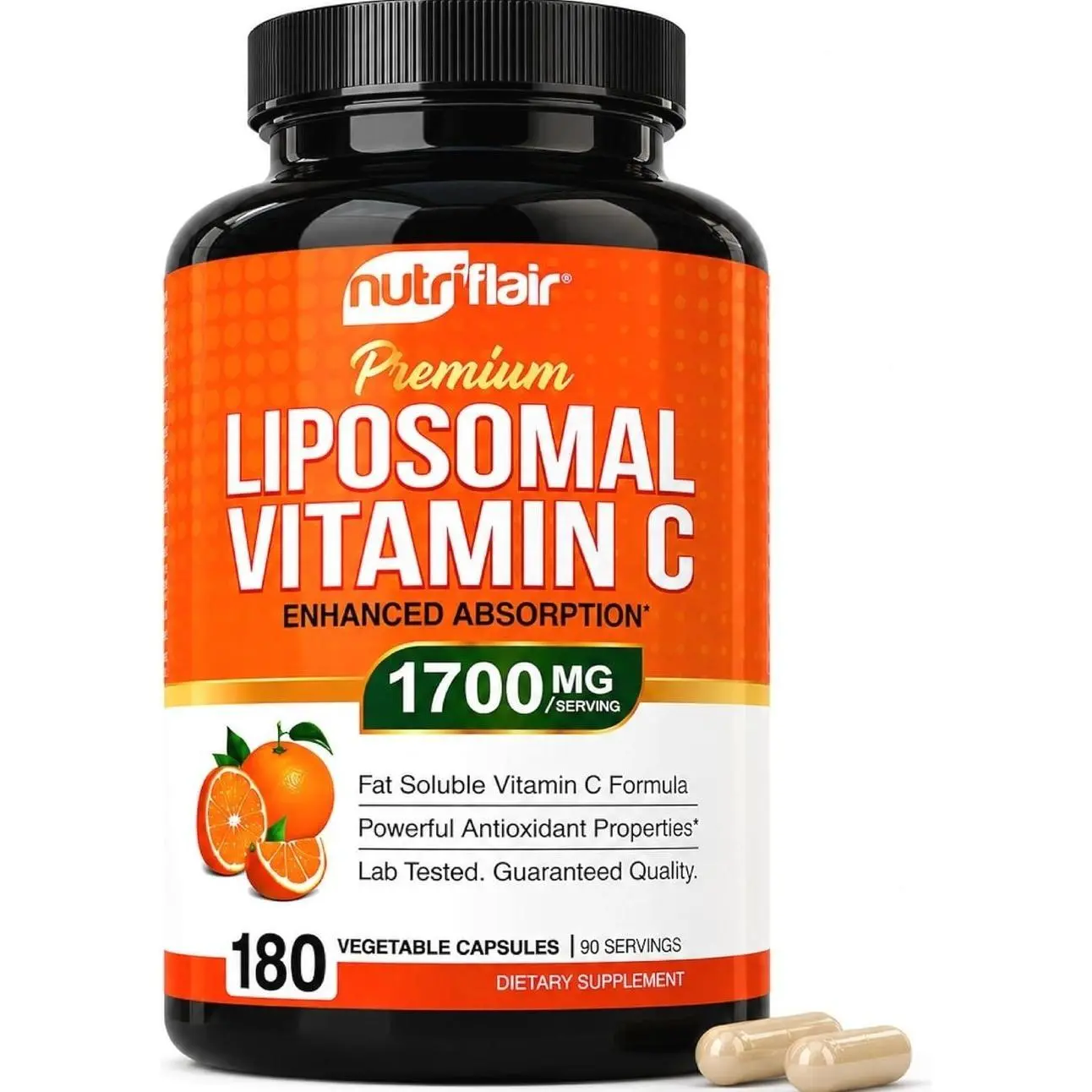 NutriFlair Liposomal Vitamin C 1700mg, 180 Capsules - High Absorption, Fat Soluble VIT C, Higher Bioavailability Immune System Support & Collagen Booster, Non-GMO, Vegan Pills
