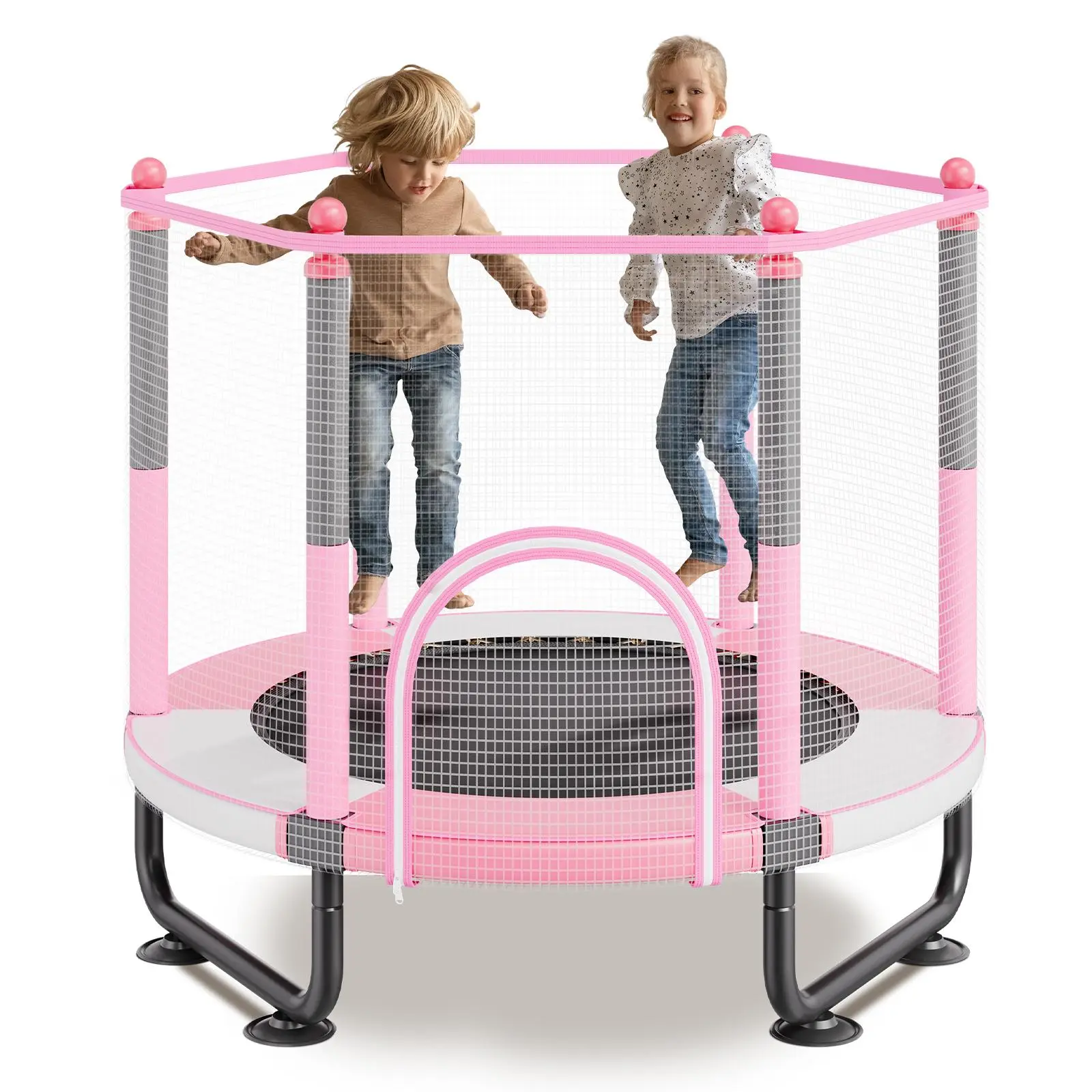 【SummerFinds】VEVOR 60-in Kids Trampoline, 2-Kid Jump Zone, Indoor-Outdoor Mini Model for 3-4 Years, 36 Springs, Steel Frame, 360° Enclosure Net, Basketball Hoop, Waterproof Mat, Easy-Clean Surface, Coordination-Improving Toy, Pink Holiday Gift
