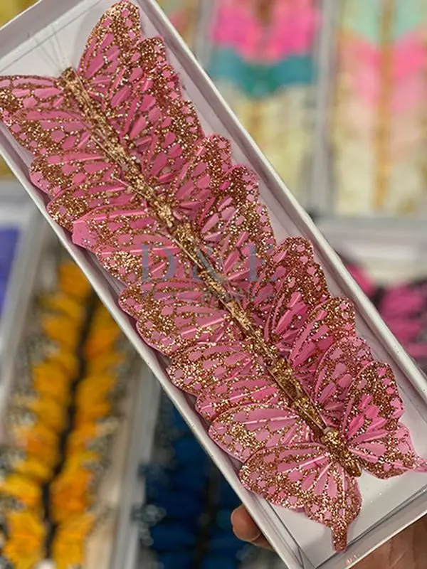 3 Inches Pink Decoration Butterflies With Rose Gold Glitter Pack of 12