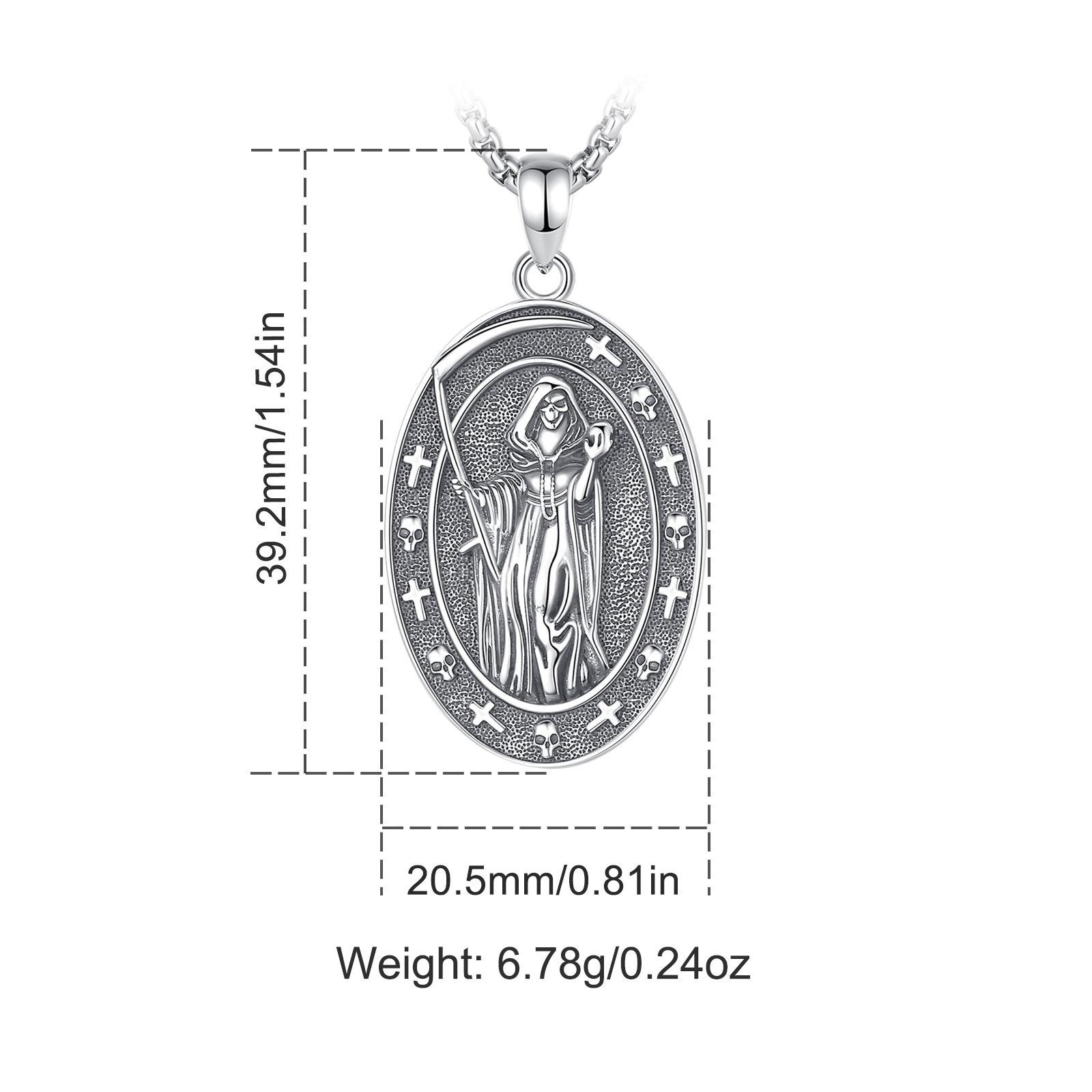 Eudora S925 Sliver Santa Muerte Necklace, Silver Grim Reaper Pendant, Mexican Saint Medallion,  Memento Mori Amulet, Protective Sigils Jewelry