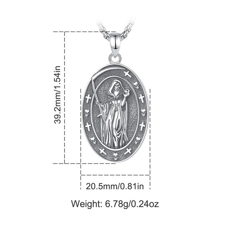 Eudora S925 Sliver Santa Muerte Necklace, Silver Grim Reaper Pendant, Mexican Saint Medallion,  Memento Mori Amulet, Protective Sigils Jewelry