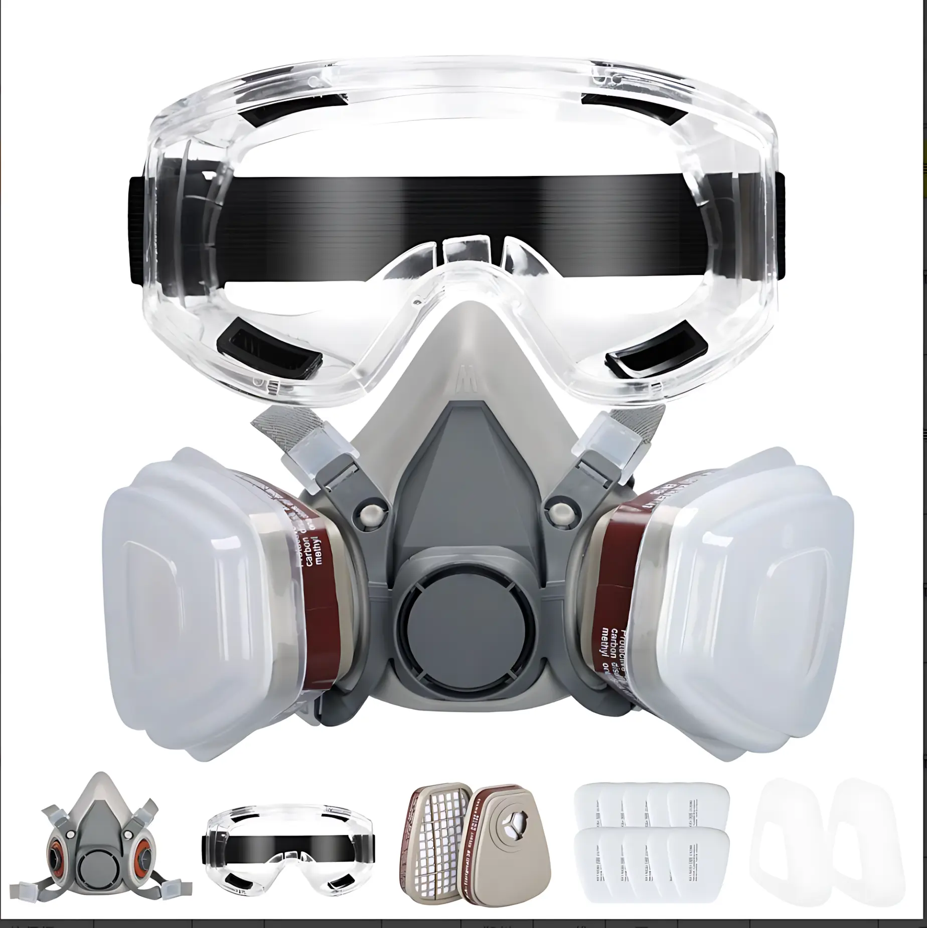 Reusable Dual Respirator Dustproof Gasproof Full Face Mask with Safety Glasses Goggles - Professional Anti-Fog Anti-Toxic Construction Gear for Spray Paint, Chemical Handling, Dustproof Gasproof Mask