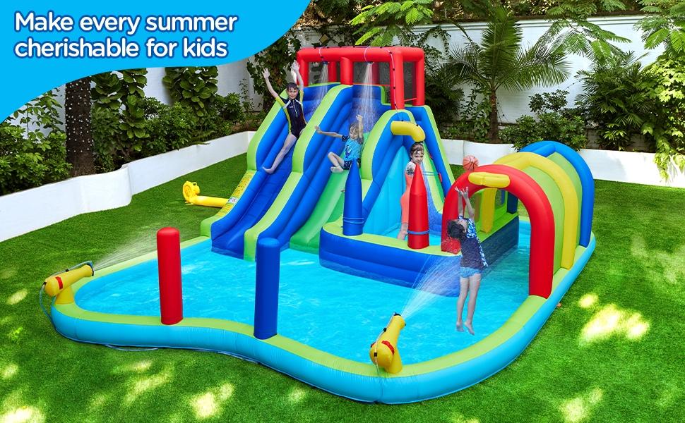 Yaheetech 10-IN-1 Inflatable Water Slide, Double Lane Giant Water Slide Combo w/Long Tunnel & Climbing Wall & Punching Bags & Ring Toss Game, Water Slide Combo W/ Storage Bag & 650W Blower, for Kids Aged 3 To 10