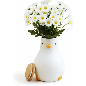 PURROOM 8" Cute Duck Vase, 58 oz Storage Canisters Jar with Wooden Lid for Kitchen Counter Decor, White Ceramic Modern Flower Vase for Home Office Shelf Decoration.