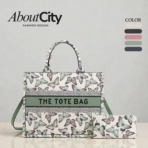 AboutCity Spring Summer Butterfly Canvas Tote Bag Set, Elegant Vegan Leather Women Handbag for Office Lady, Weekend, Family, Perfect Gift Choice