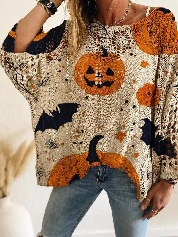 Women's Elegant Knitwear - Halloween Pumpkin Cartoon Print Batwing Shoulder Long Sleeve Casual Everyday Pullover, Soft Comfortable Loose Fit Piece, Cartoon Print Women's Pullovers