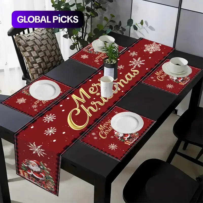 1/4/7-Piece Merry Christmas Red Printed Linen Placemat and Table Runner Set, Festive Holiday Table Setting Design for Family Gatherings, Weddings, Parties and BBQ, Indoor and Outdoor Dining Decoration Supplies #GLOBAL PICKS