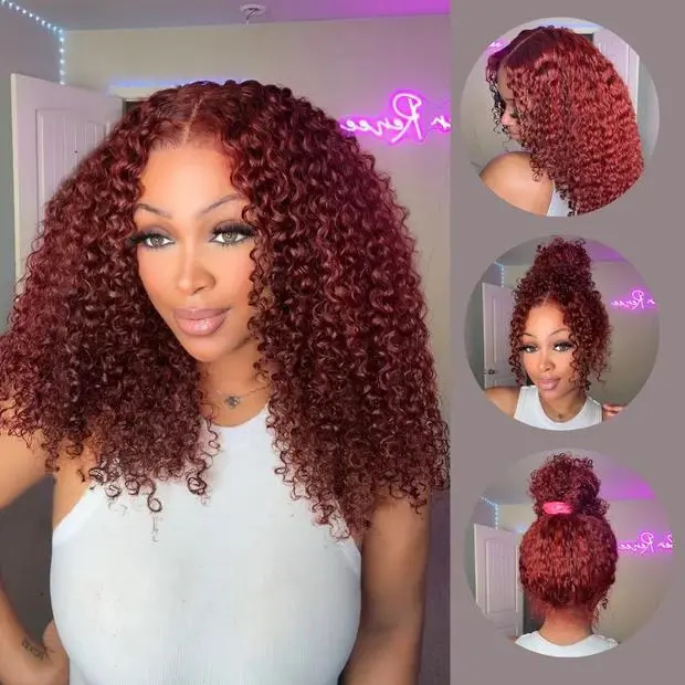 [20" Flash Sale] Reddish Brown Kinky Curly Invisi Strap Snug Fit 360/7x5 Transparent Lace Frontal Bleached Knots Pre Cut Lace Wig With Drawstring