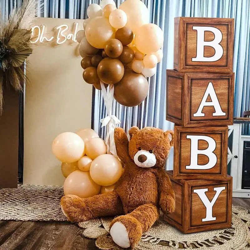 Wooden Baby Shower Box, Themed Gift Box, 4 Counts/set Baby Shower Blocks with Letters, Balloons and Bear, Baby Shower Decoration for Birthday Party, Gift Sets