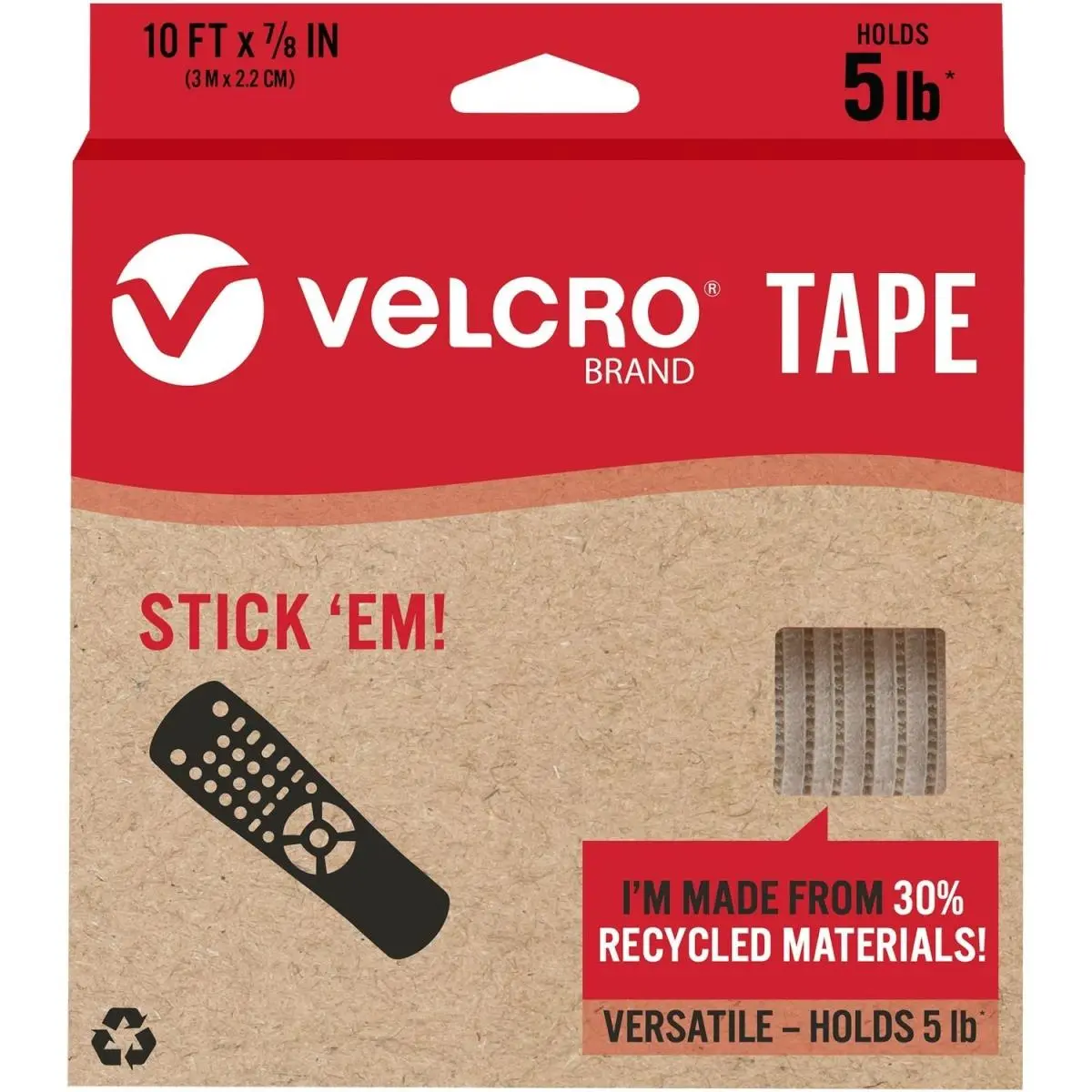 VELCRO Eco-Friendly Recycled Adhesive-Backed Cloth Hook and Eye Tape - 10 ft Length, 10x0.88 in Width, Strong Backing, Reusable Traceless, Adhesive Easy Installation, Holds 5 lb, Organize Projects, DIY Scrapbooking & Stamping Supply, Strong Adhesive Backi
