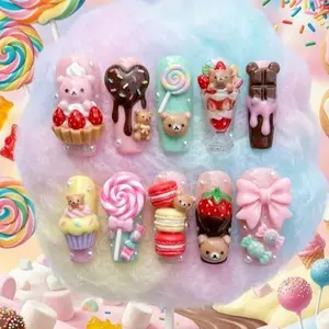 Chic Nail Studio Kawaii Dessert Candy Press-On Nails, 3D Teddy Bear Strawberry Cake Chocolate Macaron Lollipop Charms, Pastel Sweet Candy Colors, Handmade Cute Nail Art, Summer Party Vacation Nails