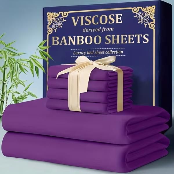 4pcs Bamboo Bed Sheet Set - Ultra Soft & Breathable Cooling Sheets, Deep Pocket Fitted Sheet (13.78-15.35inch), Shrink-Resistant & Wrinkle-Free, All-Season Luxury Bedding with Flat Sheet & Pillowcases - Elegant Modern Bedroom Decor in Deep Purple - Ideal