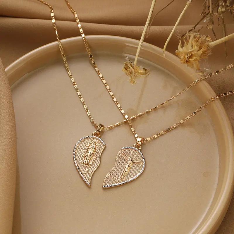 Veliora V Virgin Mary Heart Necklace 18K Gold Plated Double Chain Combination Prayer Pendant for Women & Men TE AMO Inscribed Couple Necklace Religious Symbolism Elegant Dual Heart Design 45cm Chain Length