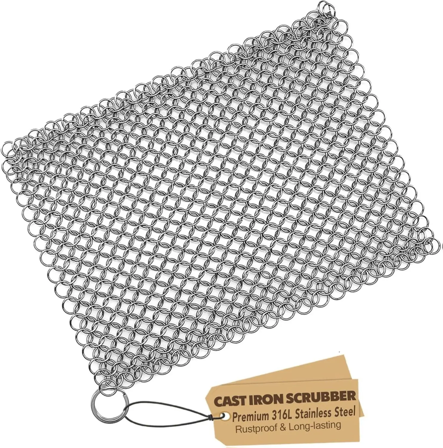 Handmade 316 Heavy-Duty Stainless Steel 8x6 In Rectangle Chainmail Scrubber - Rustproof, Dishwasher-Safe Daily Use Tool, Chainmail Texture Lifts Stuck-On Bits, Fits Cast Iron, Griddles, Woks, Helps Preserve Pan Seasoning, Lifetime Guarantee