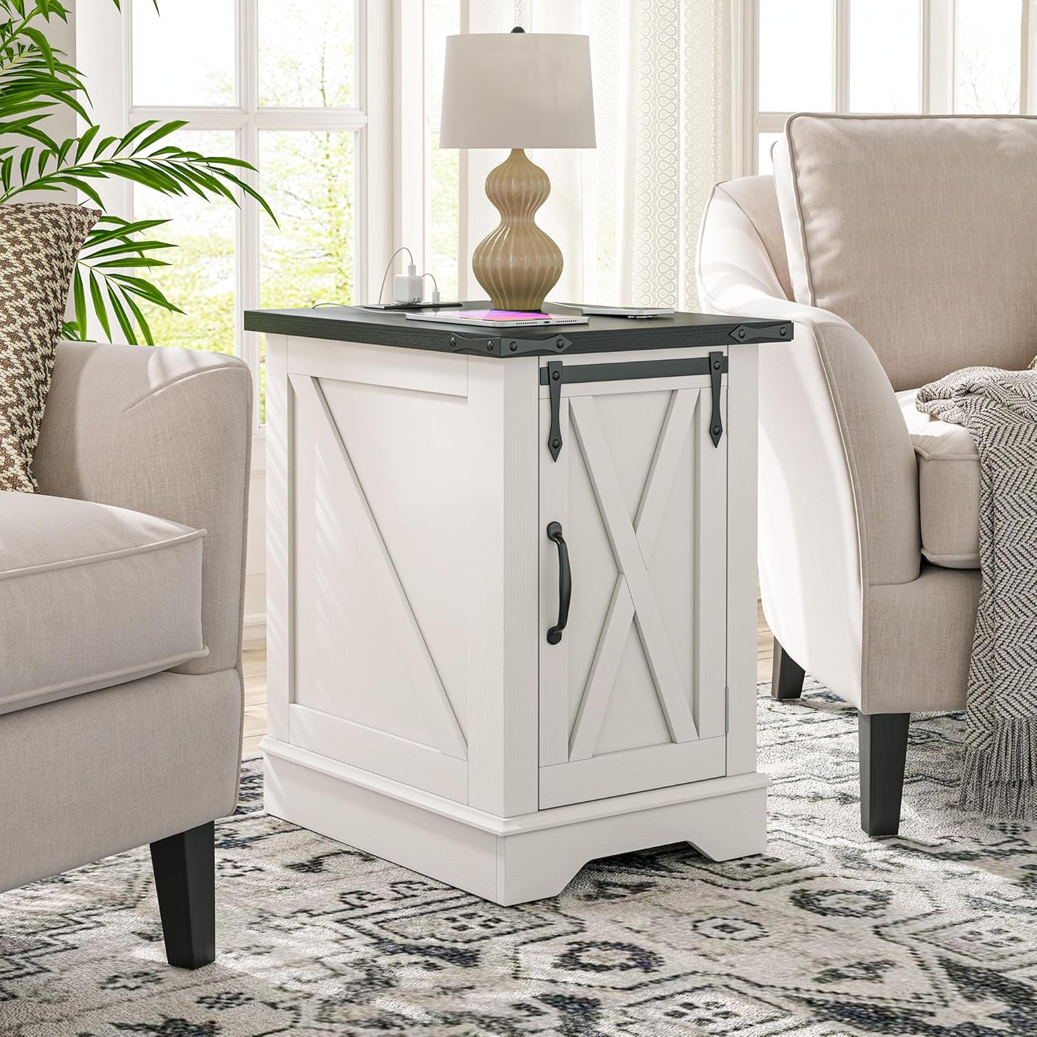 Nightstand with Charging Station,Farmhouse 25" End Tables with Barn Door Large Wood Sofa Side Table with Adjustable Storage Shelf for Bedroom,Drawing Room,Hallway,Antique White