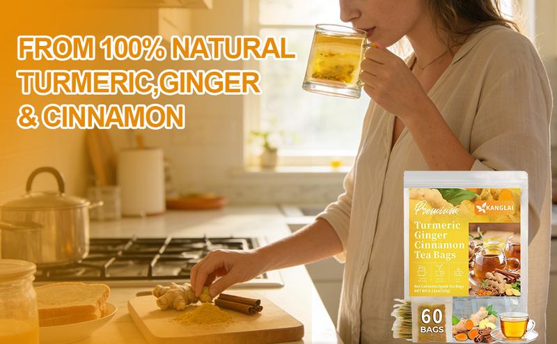 Turmeric and Cinnamon Tea: 100% natural, rich in turmeric, ginger, and cinnamon. Suitable for the ketogenic diet, dairy-free, sugar-free, caffeine-free, gluten-free, a vegan and healthy drink that aids digestion. 60-sachet value pack of herbal tea.