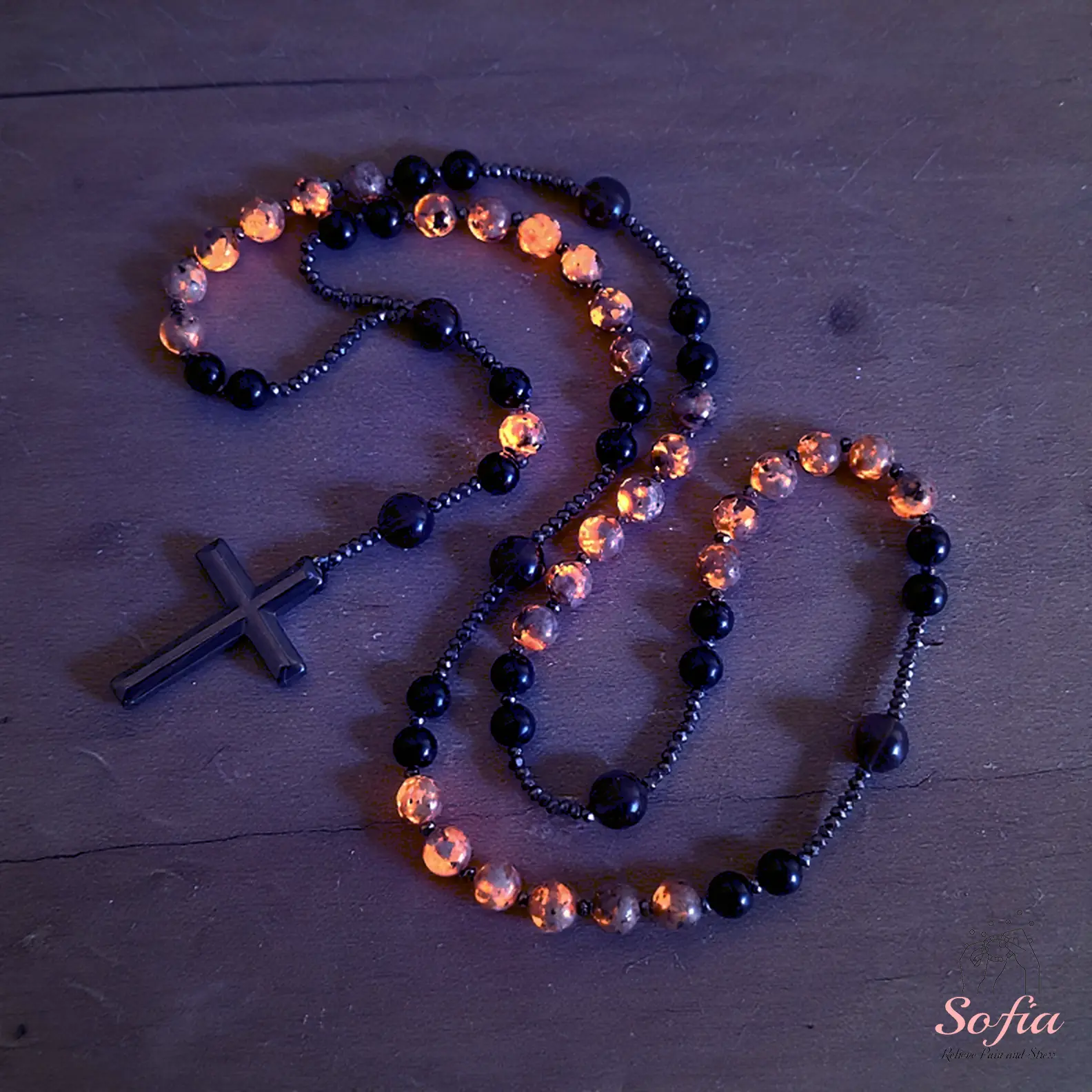 Natural Obsidian Yooperlite Rosary Necklace UV Reactive Protection Necklace Hematite Stone Cross Pendant Necklace Gift for her, gift for him