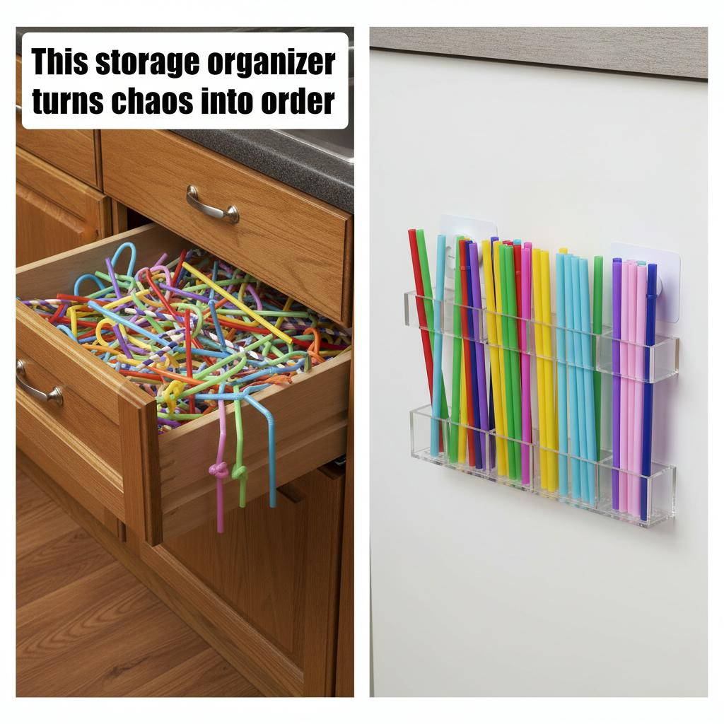 9.5-inch Large Acrylic Straw Holder for Cabinet Doors Reusable Adhesive Storage Rack for Countertops and Cupboards, Clear and Space-Saving