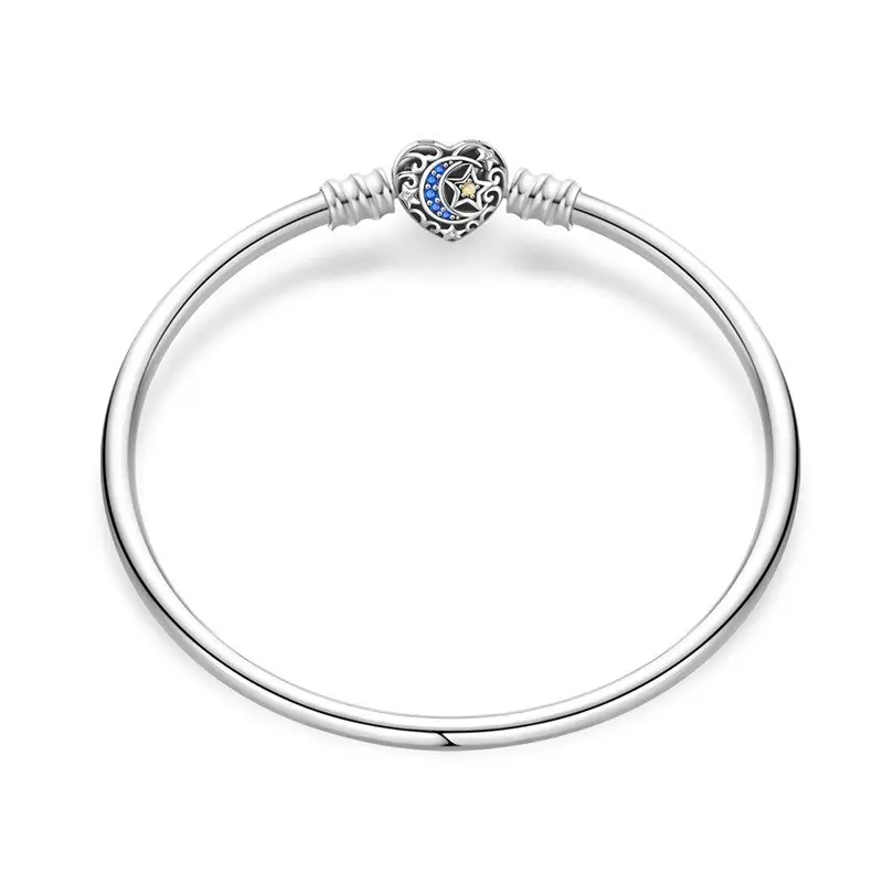 Women's 925 Sterling Silver Heart Clasp, Star & Moon Accented Heart Design Bracelet - Fashion Costume Jewelry Accessory, Everyday Wear Jewelry, Heart Clasp Star & Moon Heart Design