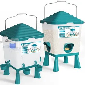 5 Gallon/42 Pounds Set Chicken Waterer with Float Valve Chicken Feeder, Poultry Feeder and Waterer Set for Duck Turkey, Chicken Coop Accessories