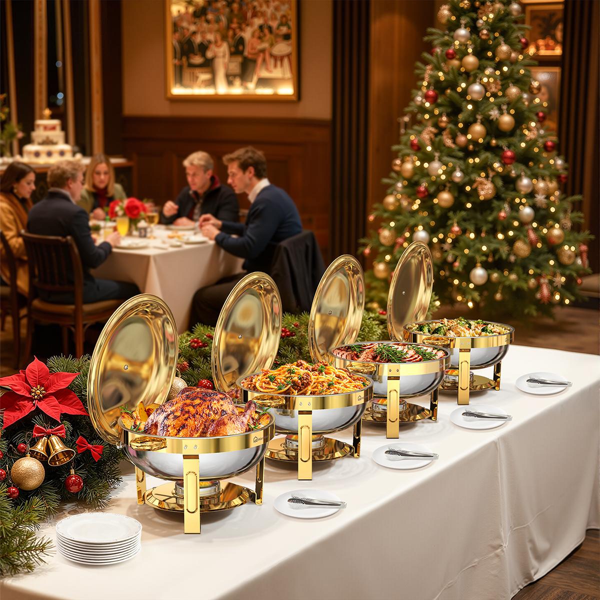 WARMOUNTS Gold Chafing Dishes for Buffet 5QT, Round Stainless Steel Chafer and Warmer Set with Lid Holder, Mirror-polished, Rolled Rim Process (No Finger Cuts), for Catering, Party, Wedding（2/4/6 Pack）